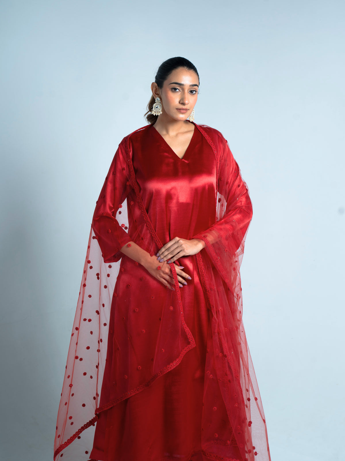 Japanese Red Satin Kurta Set with Dupatta | Merci