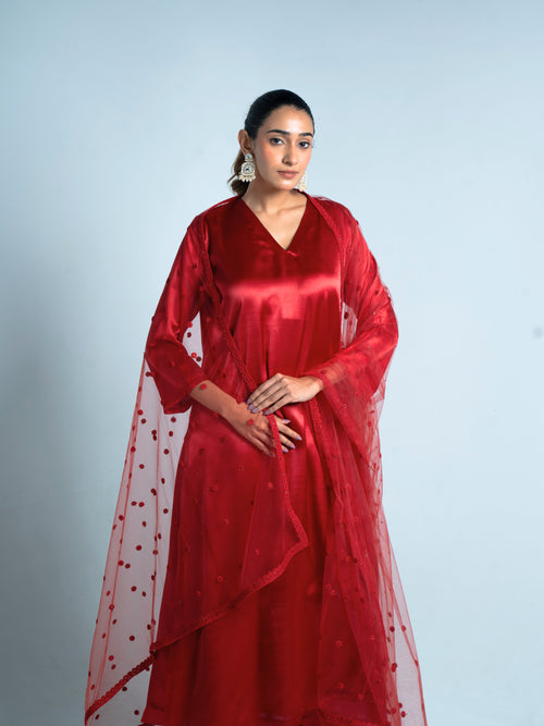 Japanese Red Satin Kurta Set with Dupatta | Merci