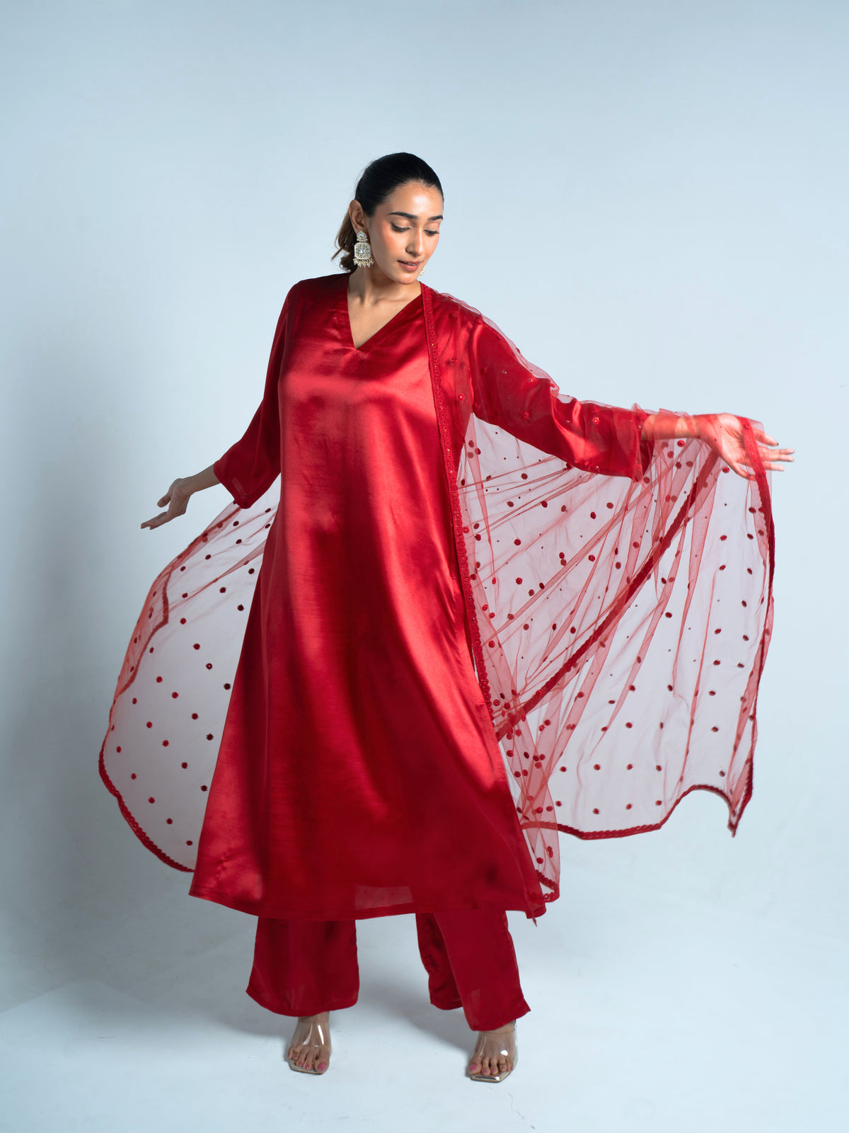 Japanese Red Satin Kurta Set with Dupatta | Merci