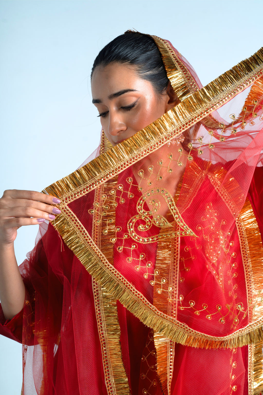 Japanese Red Satin Kurta Set with Dupatta | Merci